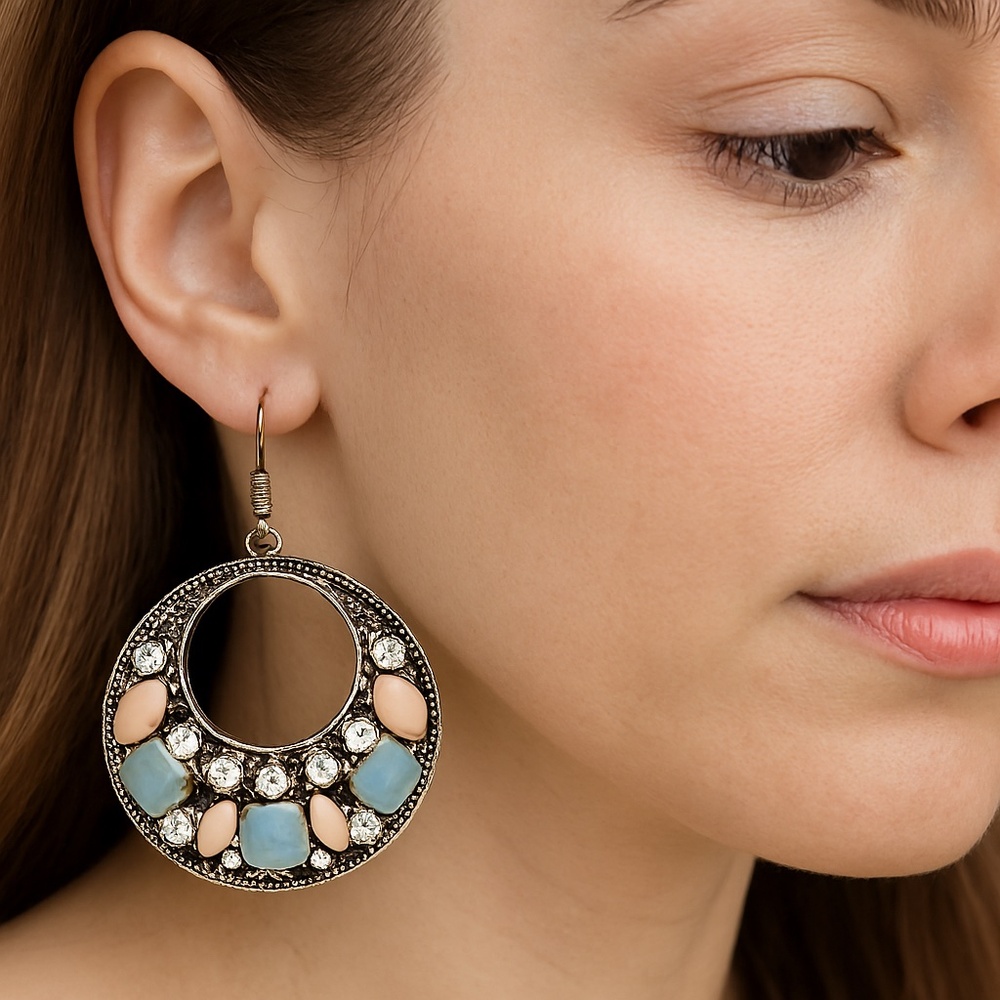 Round Dangle Earrings Pink Blue Clear Crystals pierced 1.5” diameter